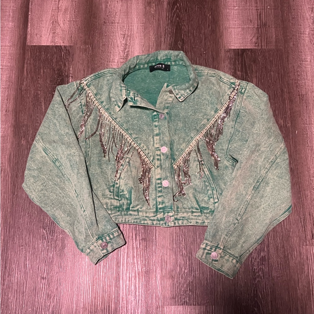 Blue B Collection Green Denim Jacket with metal Fringe